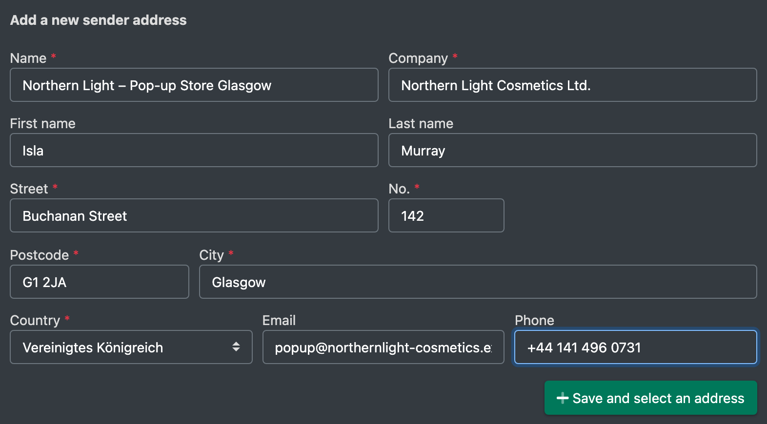 Screenshot: Form "Add a new sender address" with all fields filled in