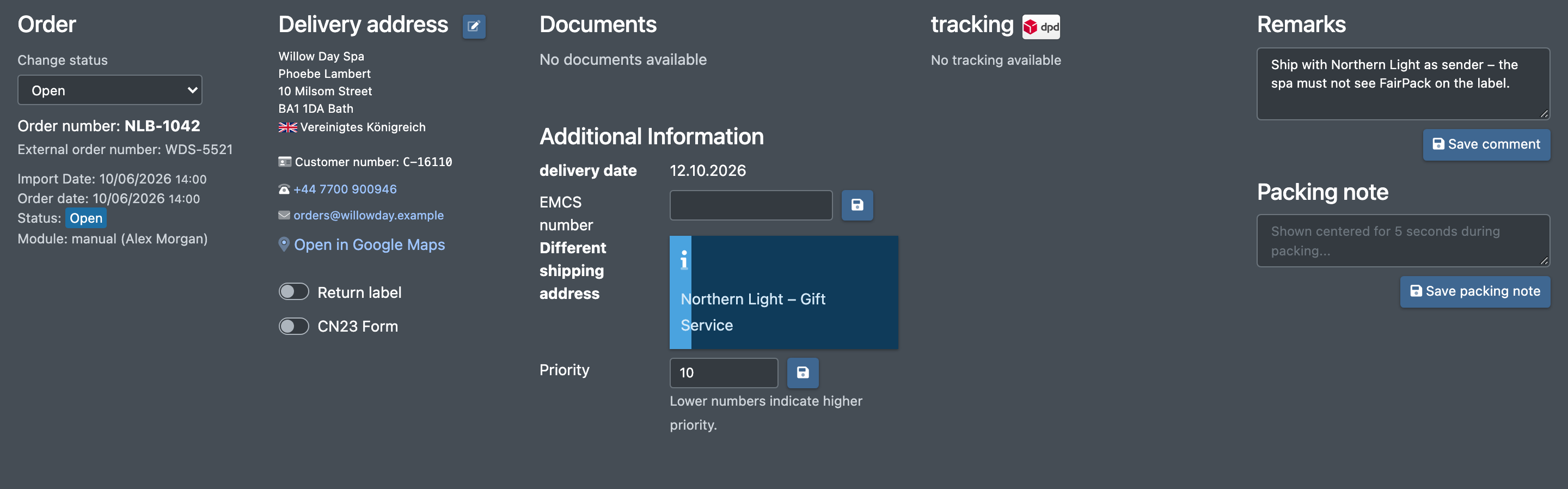 Screenshot: Order details showing the "Different shipping address" entry under Additional Information