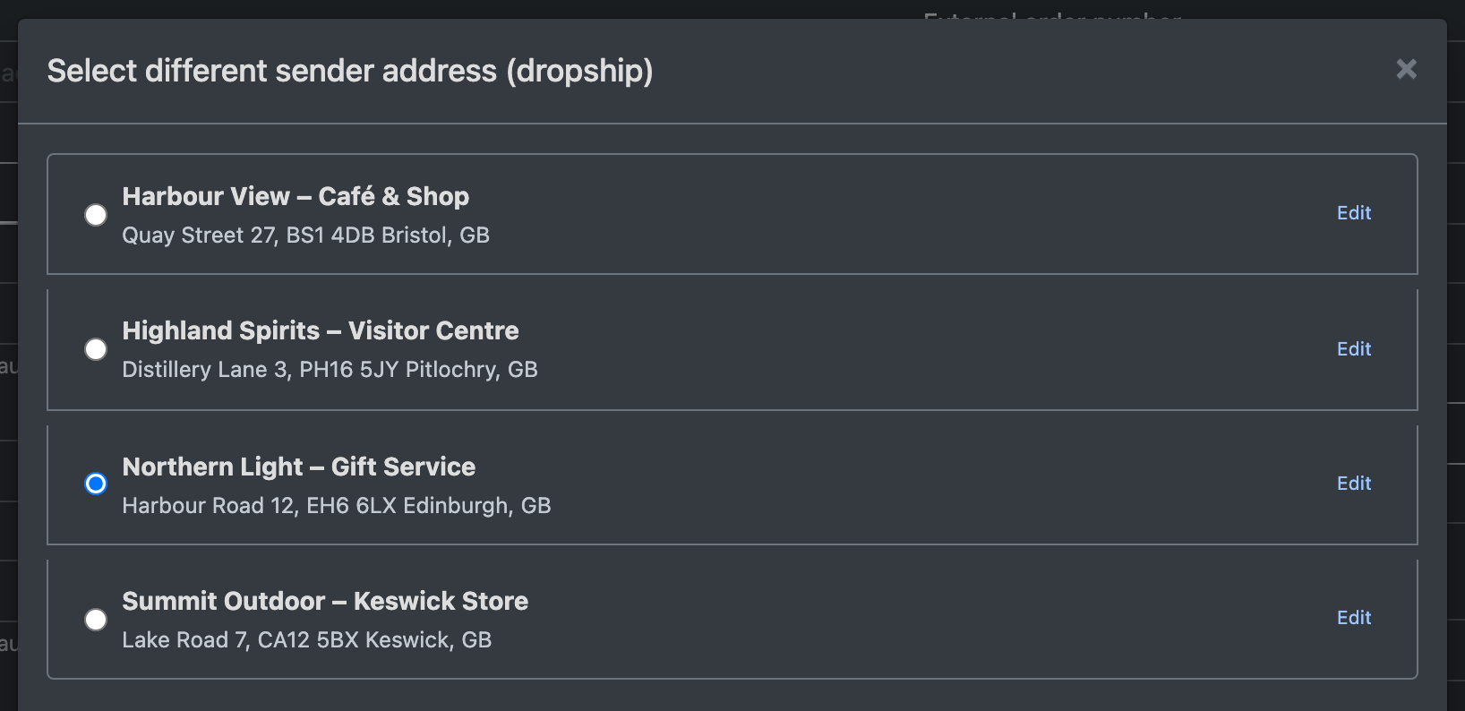 Screenshot: Dialog "Select different sender address (dropship)" with a list of saved addresses