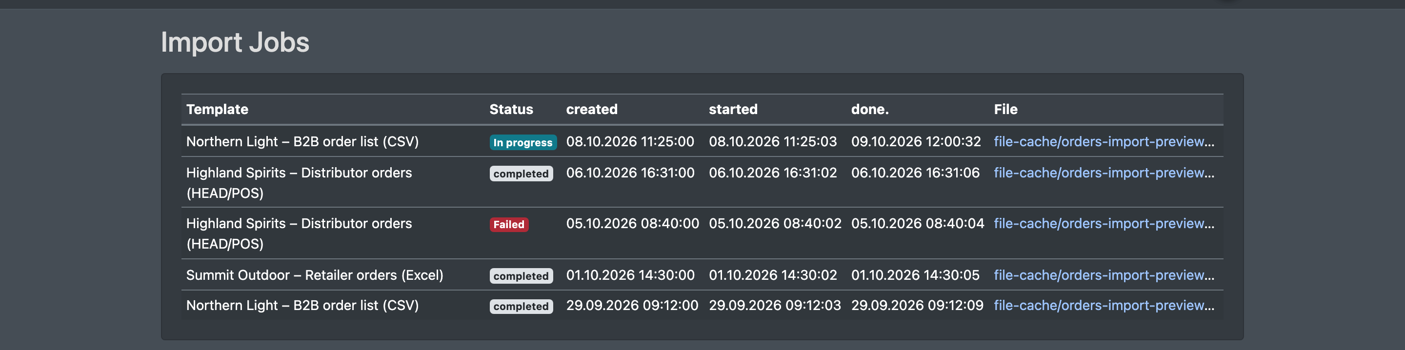 Screenshot: Import jobs list with jobs in different statuses