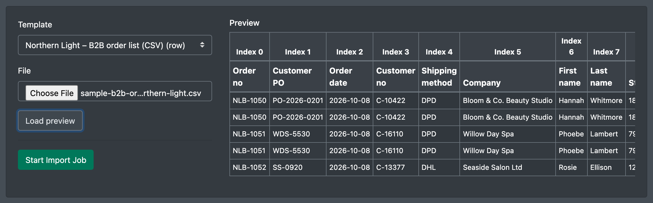 Screenshot: Loaded preview of an order file with mapped columns
