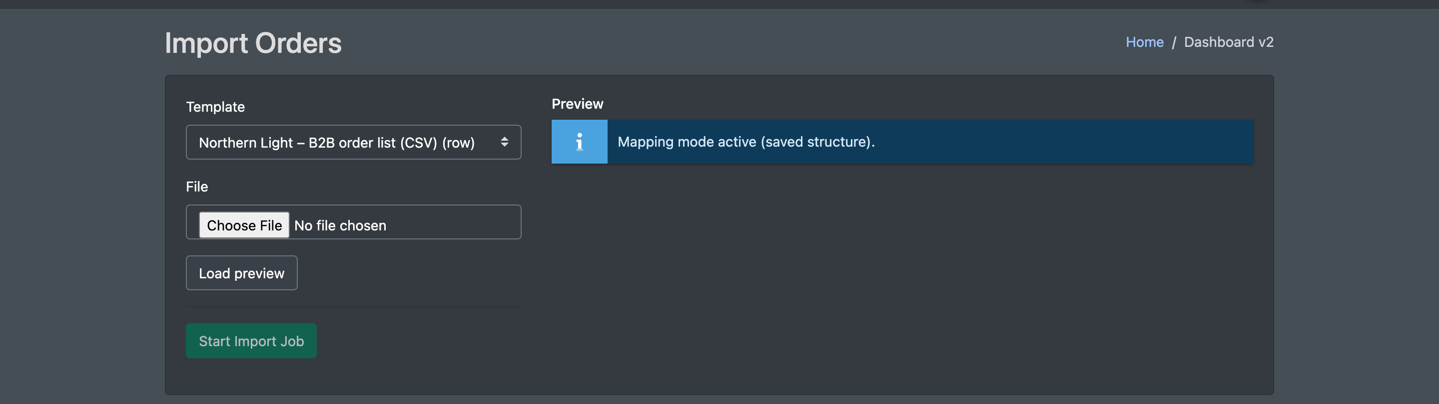 Screenshot: Page "Import Orders" with template selection, file field and preview