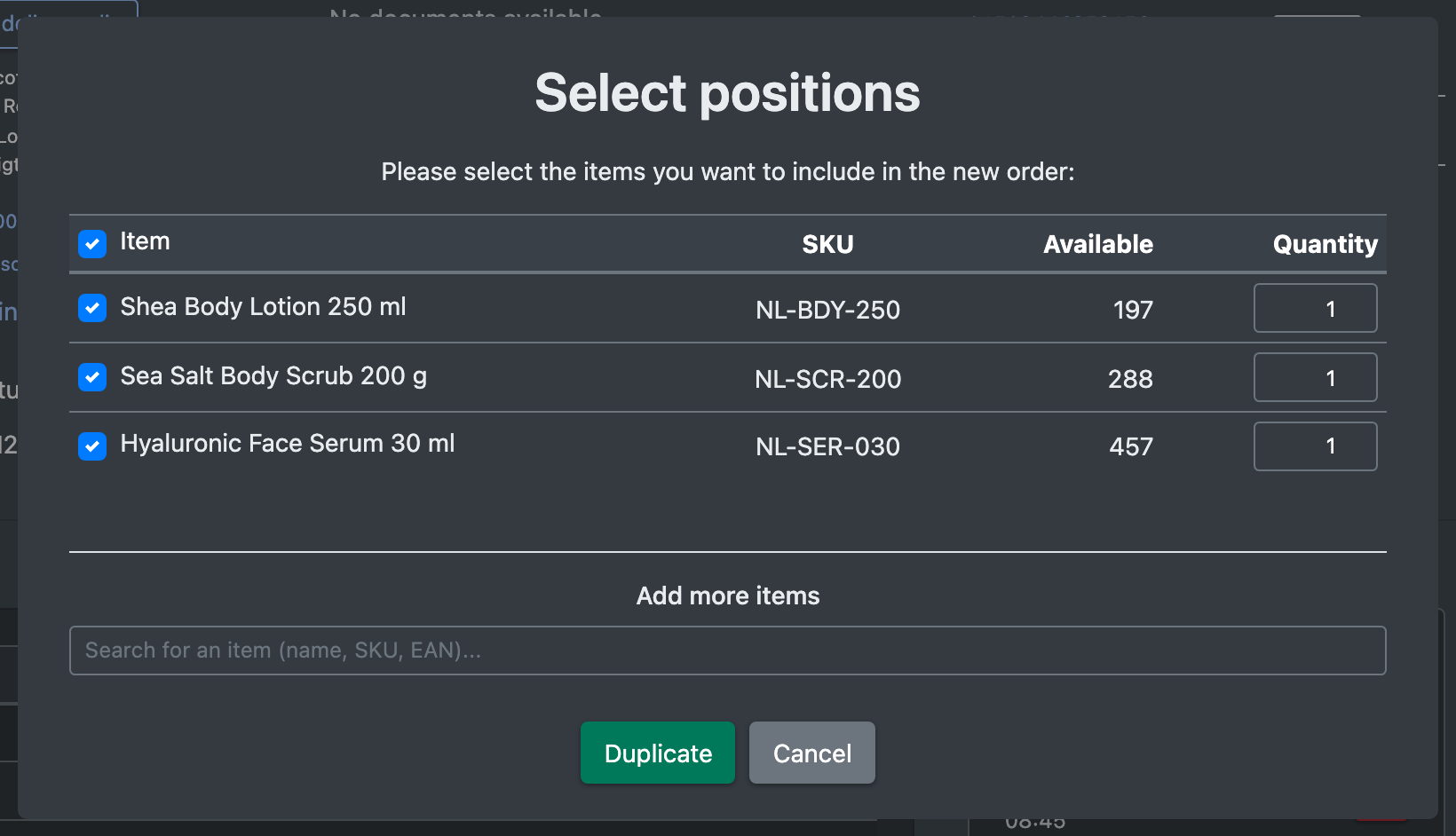Screenshot: Duplicate order dialog with selected lines and quantity fields
