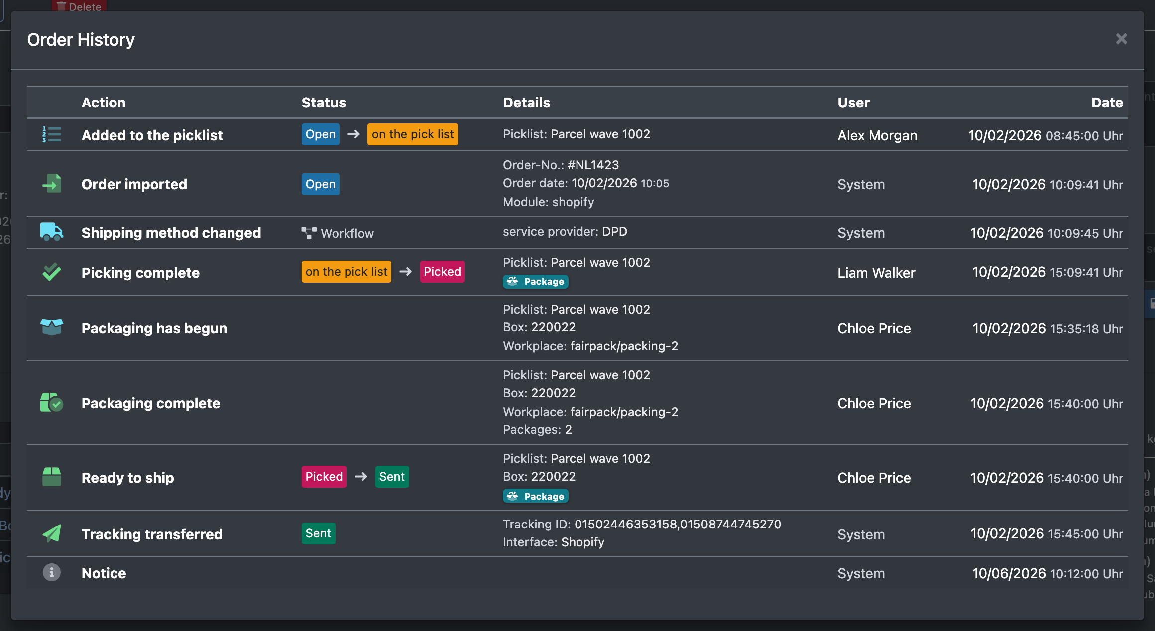 Screenshot: Order history dialog with several entries