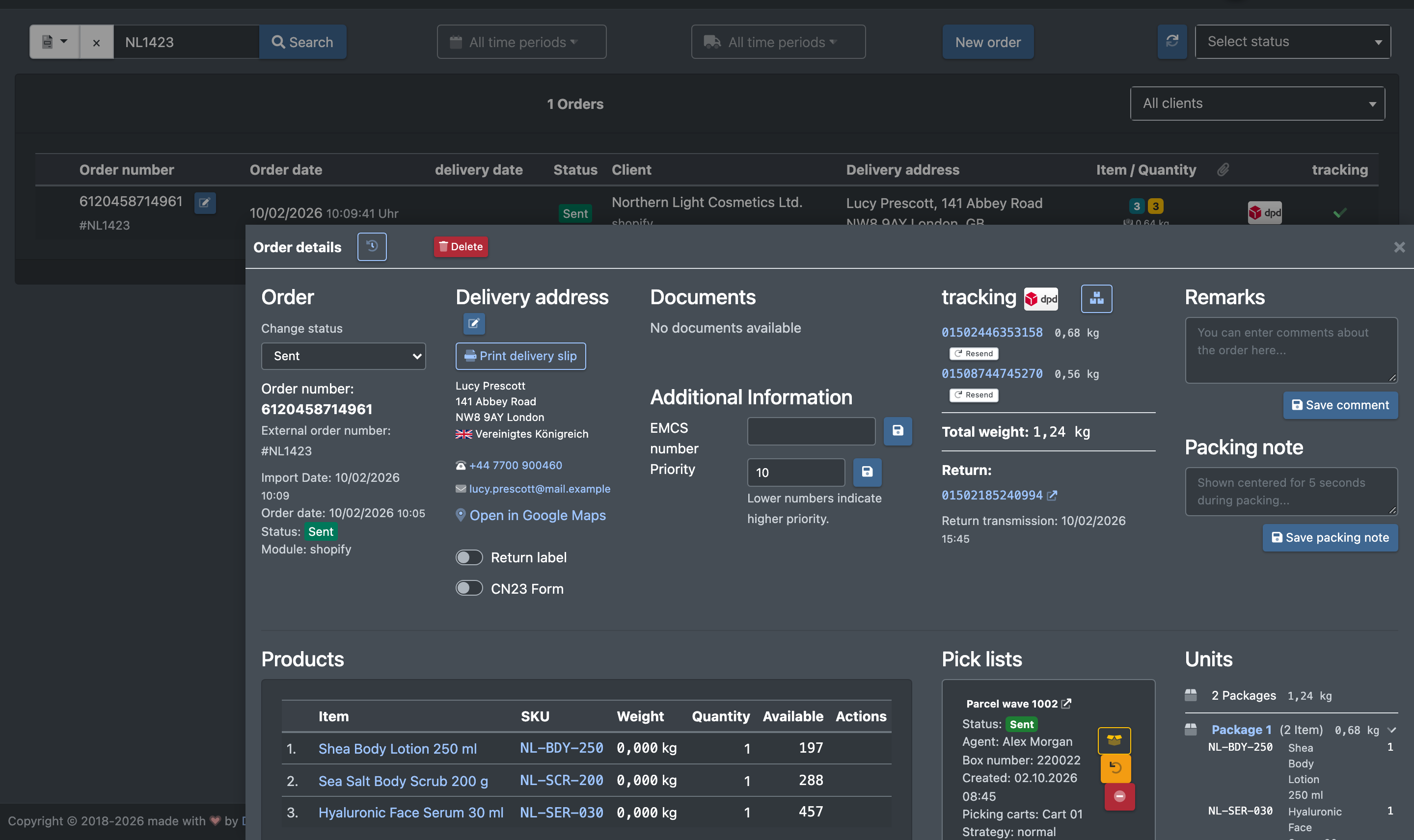 Screenshot: Order details sheet opened below the order overview
