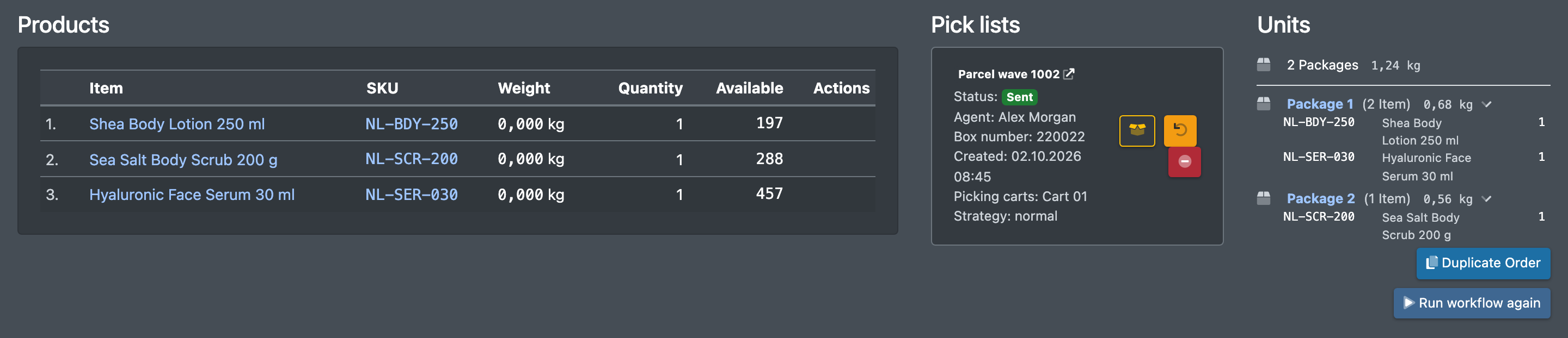 Screenshot: Lower part of the order details with products, pick lists and units