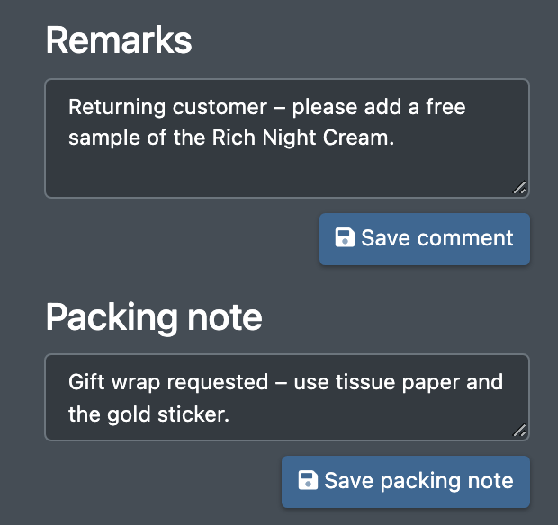 Screenshot: Remarks and packing note fields with their save buttons