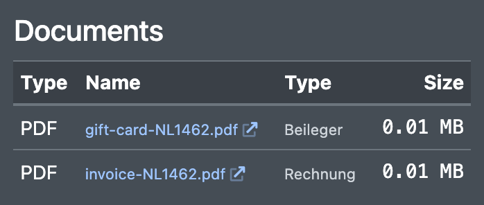 Screenshot: Documents area in the order details with two attached PDFs