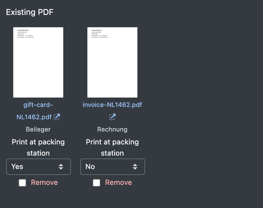 Screenshot: "Existing PDF" area with preview, print option and "Remove" checkbox