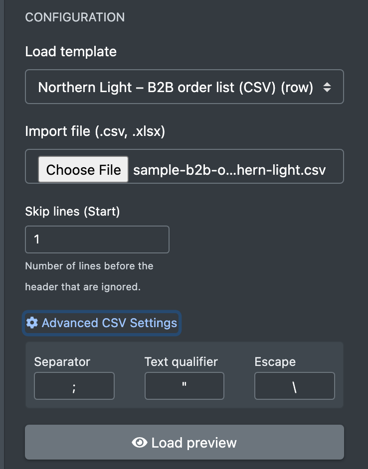 Screenshot: Configuration block with file, skip lines and the opened advanced CSV settings