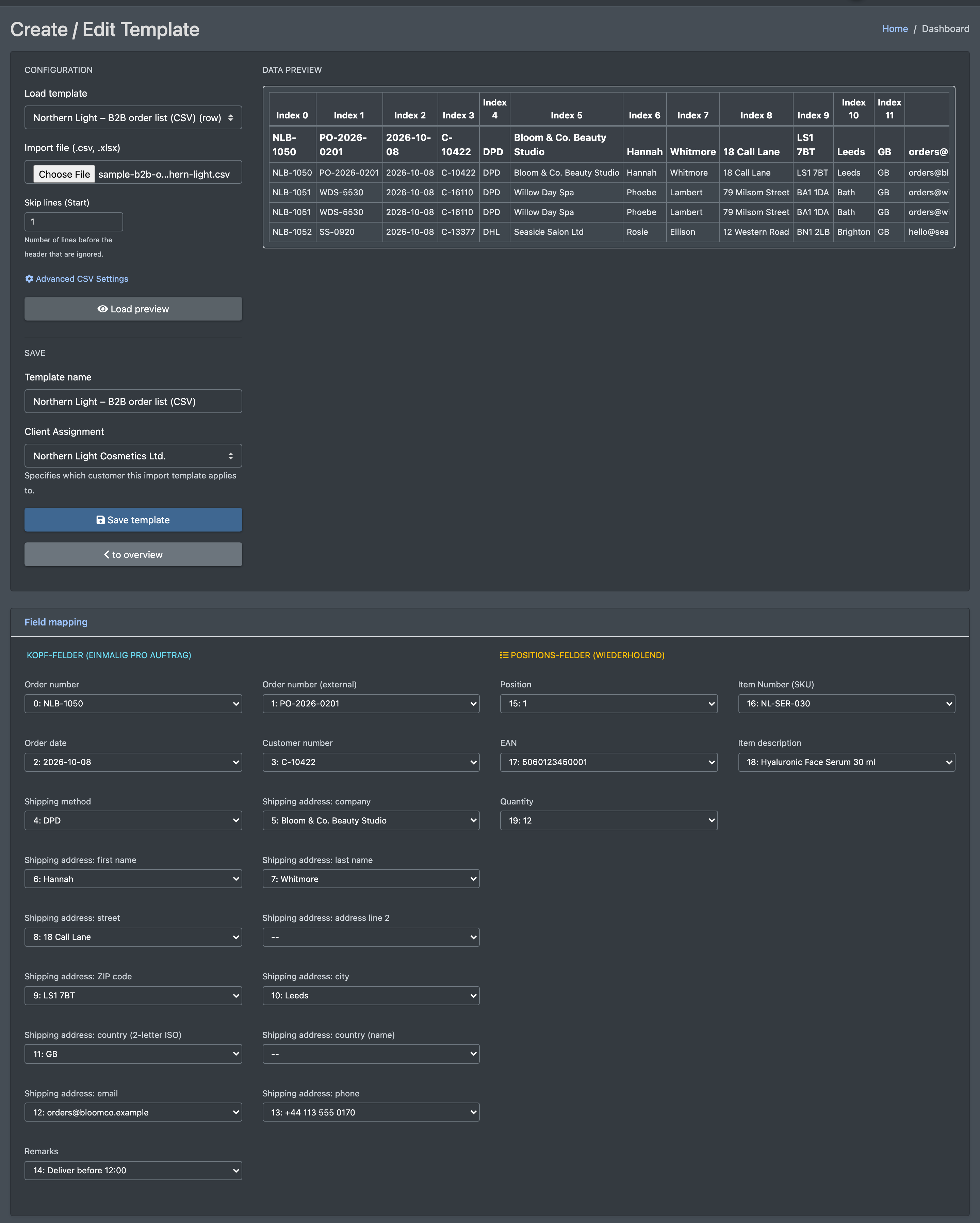Screenshot: Page "Create / edit template" with configuration, data preview and field mapping