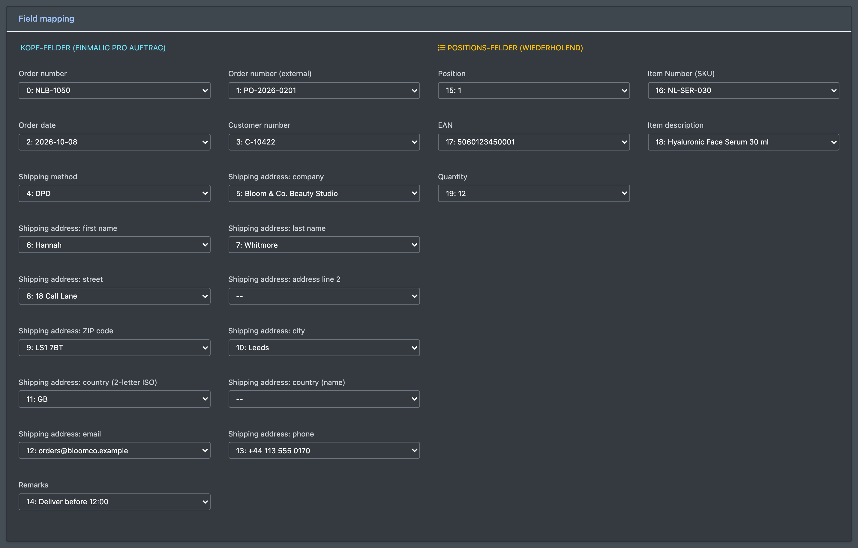 Screenshot: Field mapping with columns assigned to order number, SKU and quantity