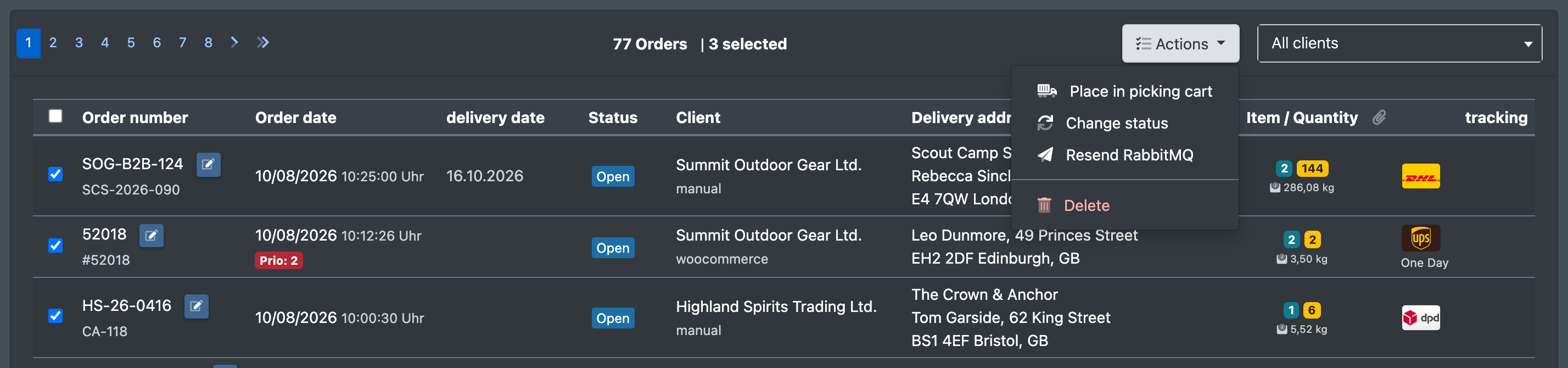 Screenshot: Several orders ticked and the "Actions" menu opened