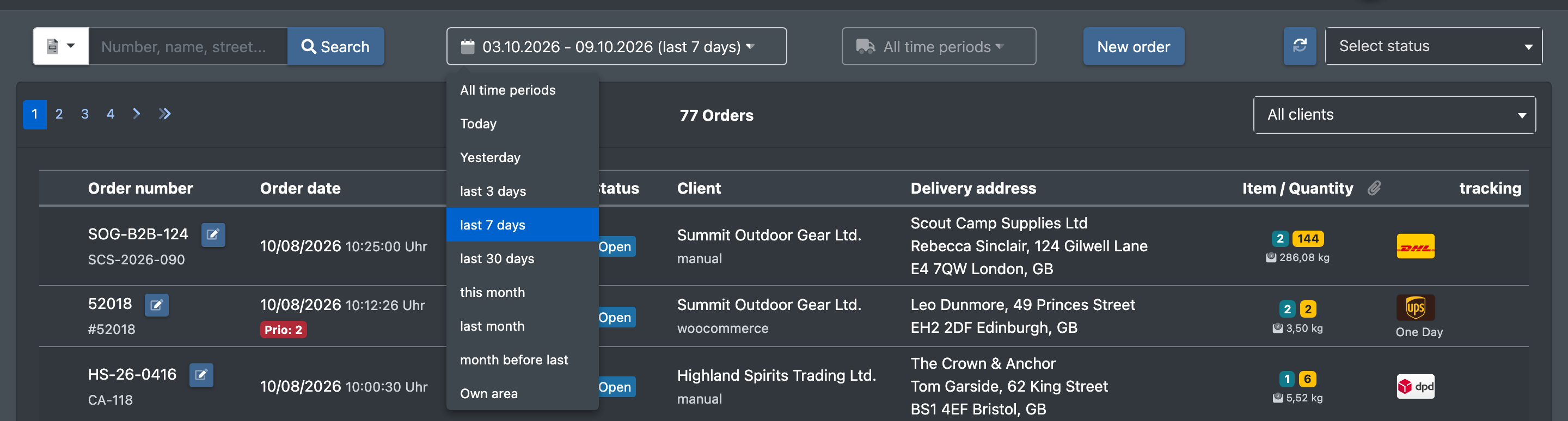 Screenshot: Filter bar with the date picker presets opened and the status dropdown