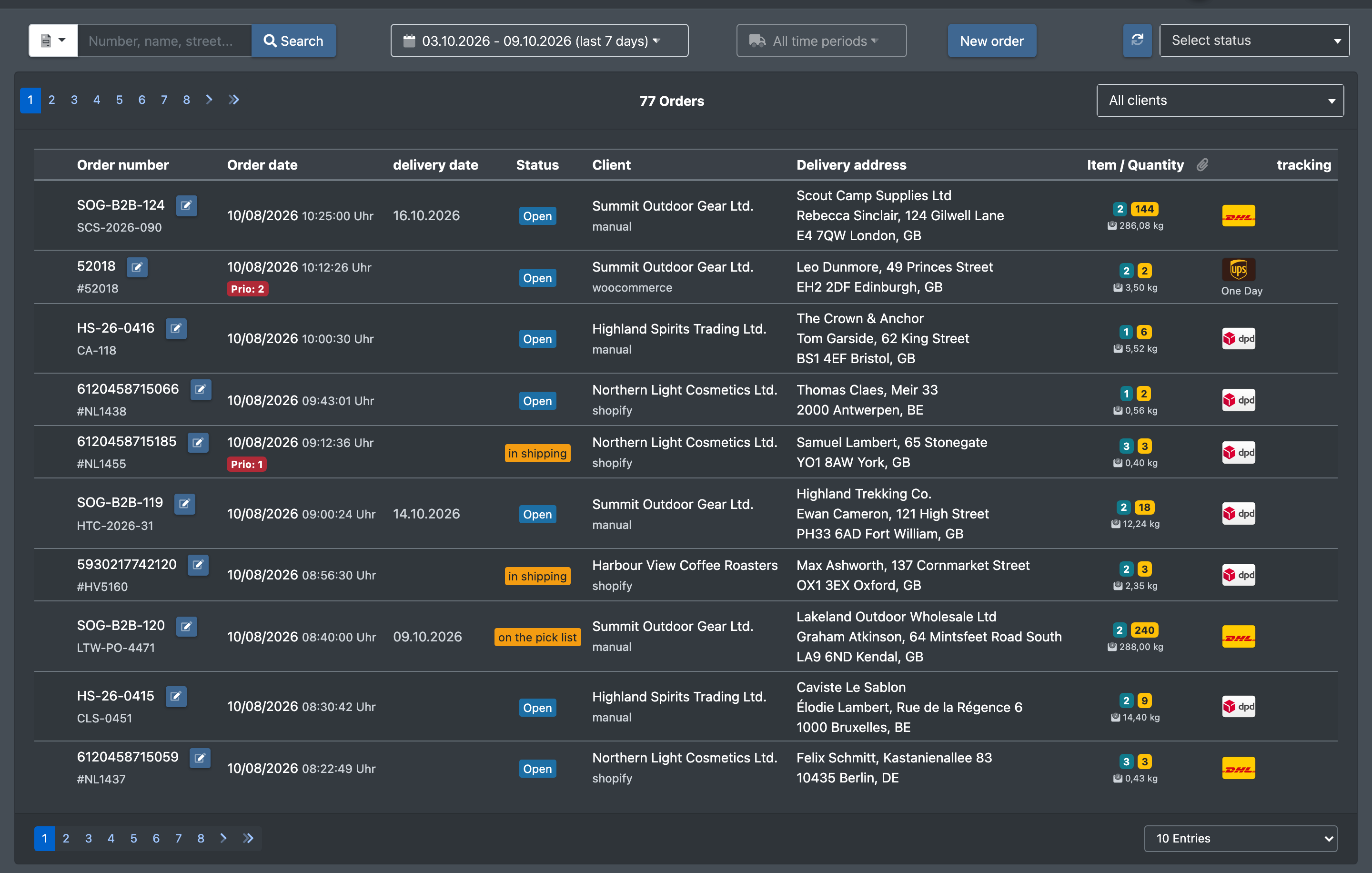 Screenshot: Order overview with the search bar, filters and the order list