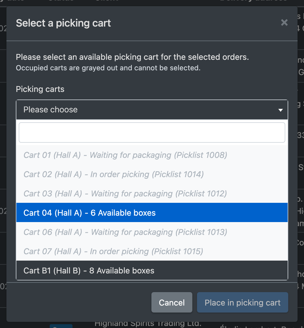 Screenshot: Dialog "Select a picking cart" with free and greyed-out carts