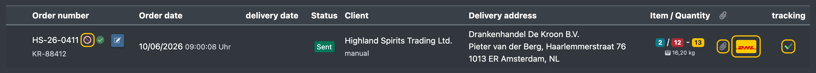 Screenshot: Single order row with the unknown-articles icon, paperclip, shipping logo and tracking tick highlighted