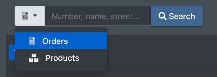 Screenshot: Search mode dropdown opened with the options "Orders" and "Products"