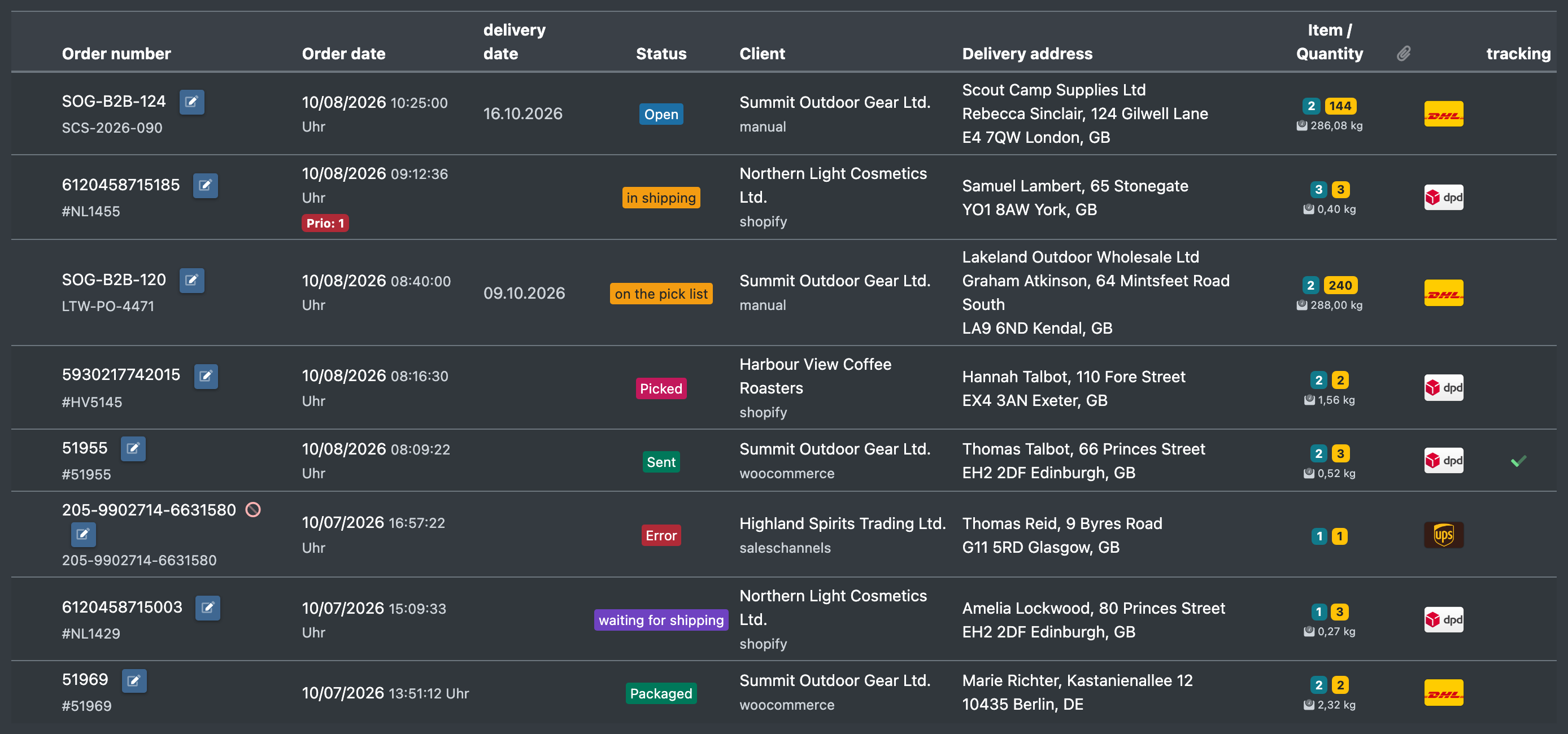 Screenshot: Order overview with several coloured status badges