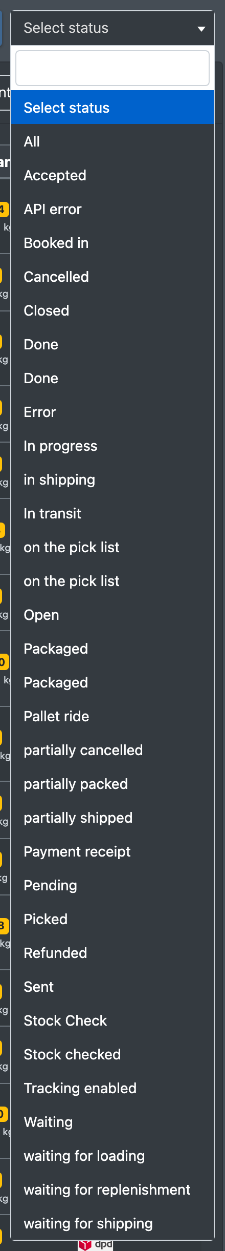 Screenshot: Status filter dropdown in the order overview showing all statuses