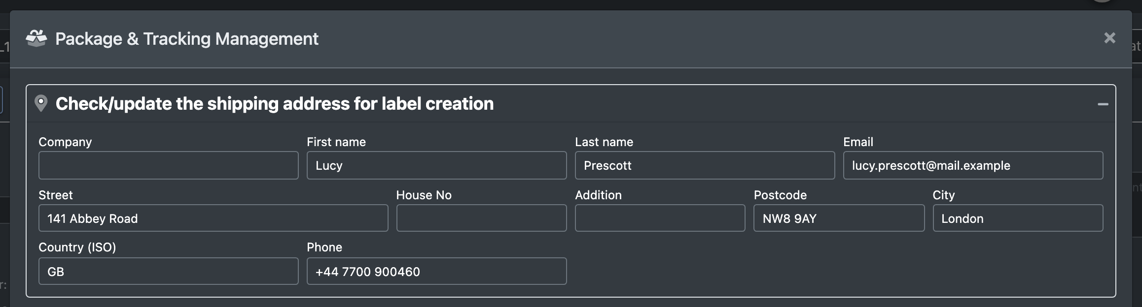 Screenshot: Expanded delivery address form inside the dialog