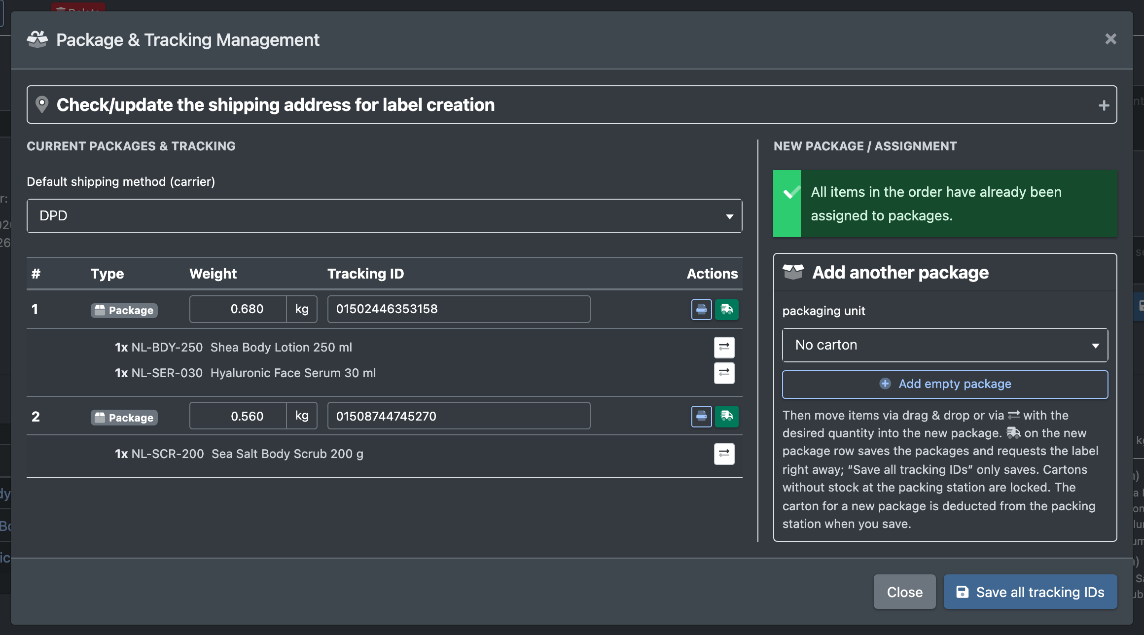 Screenshot: Dialog "Package & Tracking Management" with existing packages and the new package area