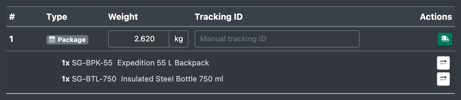 Screenshot: Package row with type, weight, manual tracking ID and the "Request a label" button