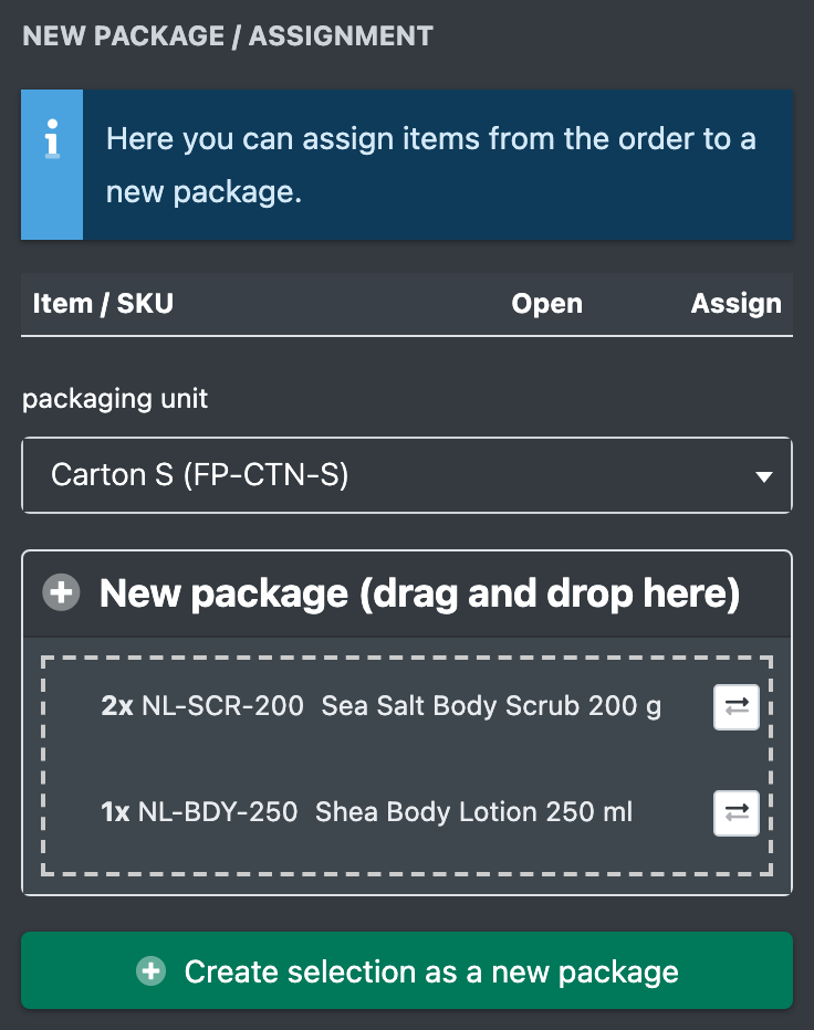 Screenshot: New package area with articles dragged into "New package" and the packaging unit dropdown