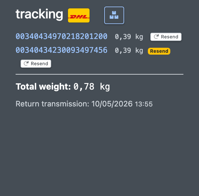 Screenshot: Tracking list with the "Resend" button and badge next to a package