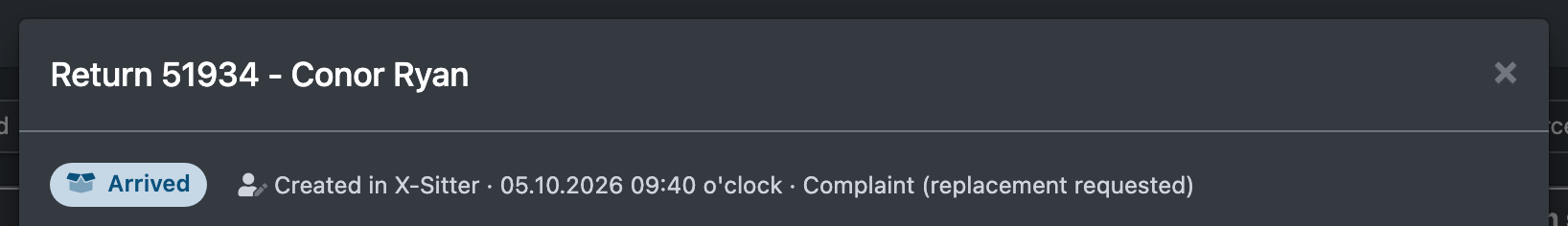 Screenshot: Return details header with status pill, source and return type