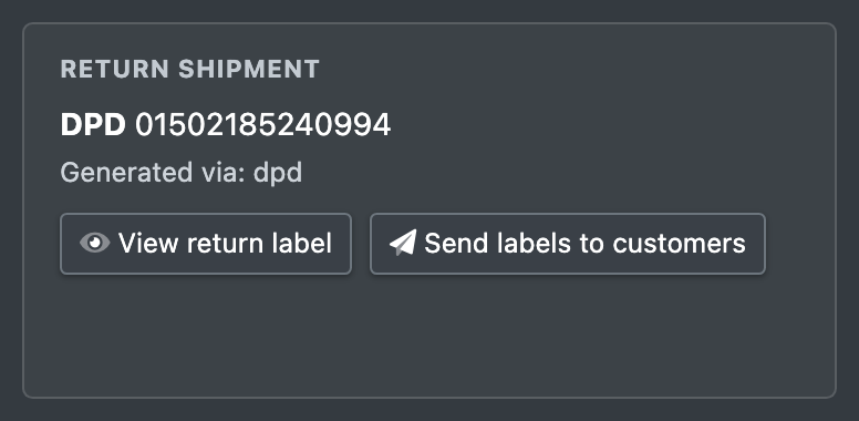Screenshot: Return details with the "Return shipment" box, tracking number and the label buttons
