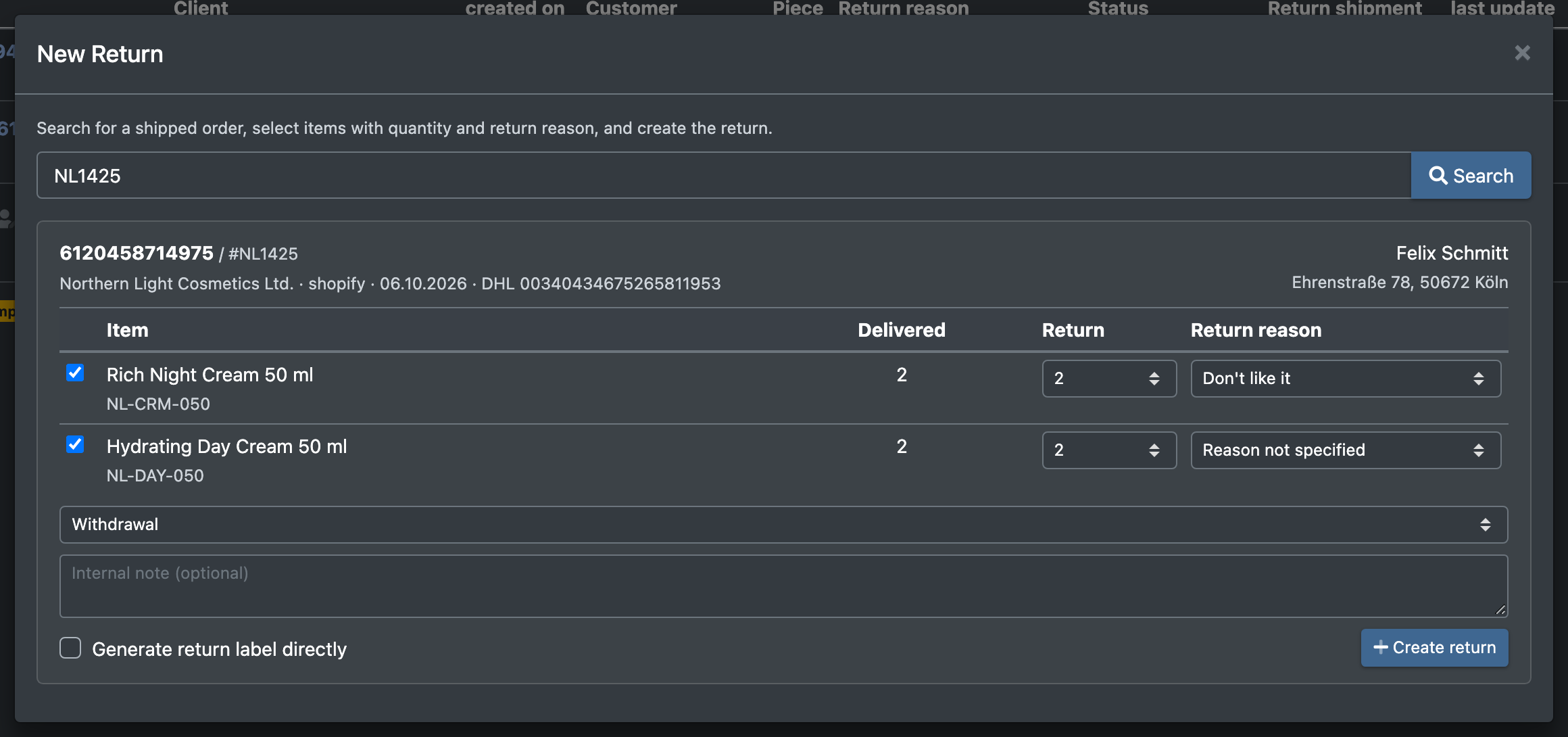 Screenshot: "New Return" dialog with a found order, ticked lines, quantity, return reason and return type