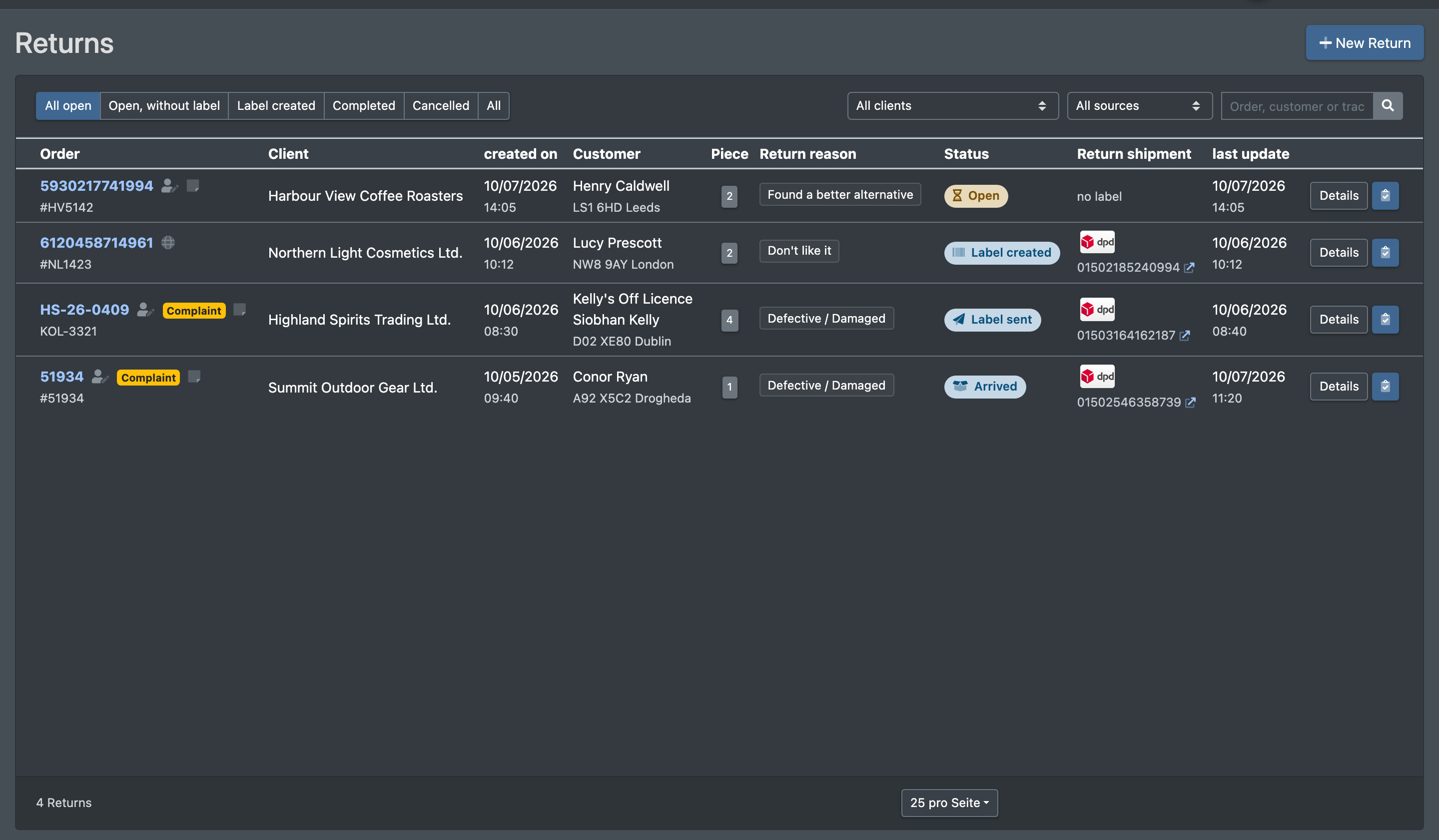 Screenshot: Returns overview with progress filter, client and source filter, search and the list of returns