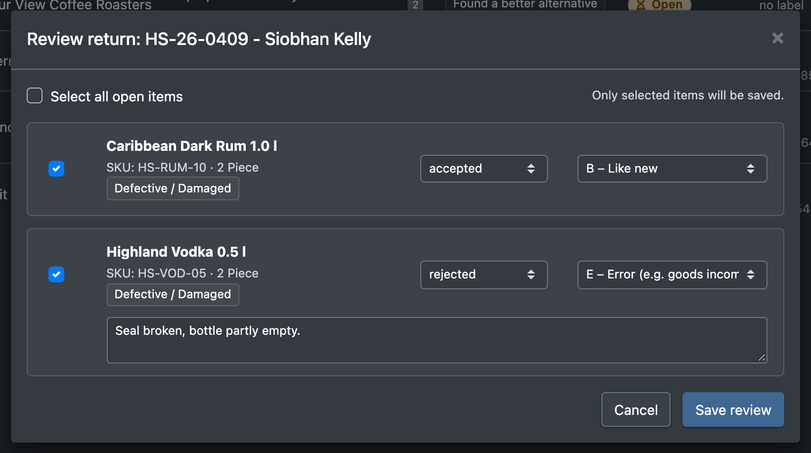 Screenshot: Review dialog with lines set to accepted/rejected, condition dropdown and rejection reason field