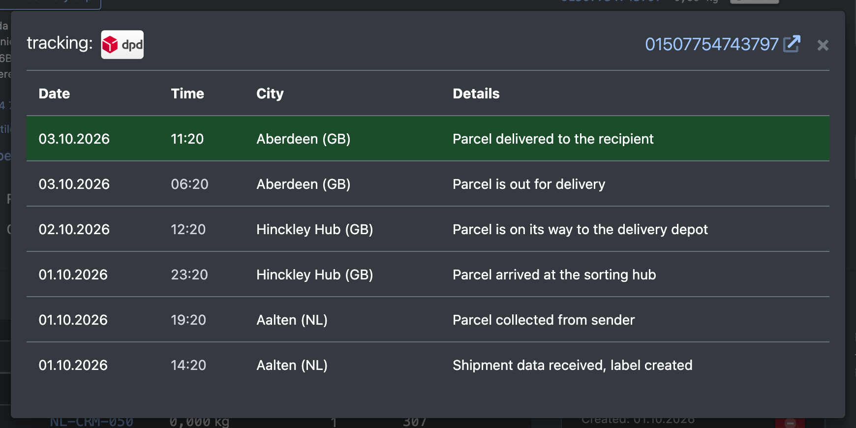 Screenshot: Shipment events dialog with date, time, location and details