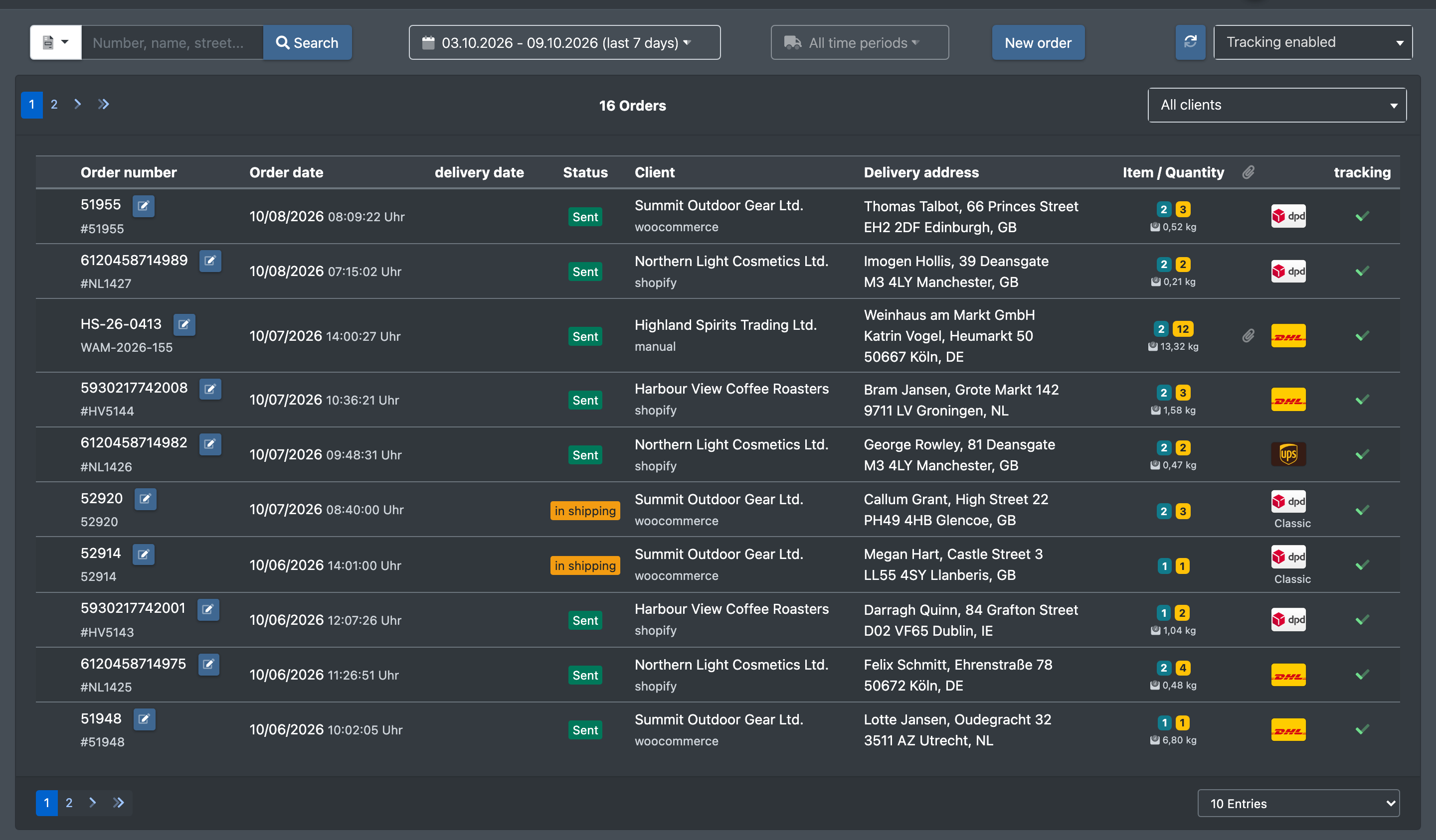 Screenshot: Order overview filtered by "Tracking enabled" with the tracking ticks visible