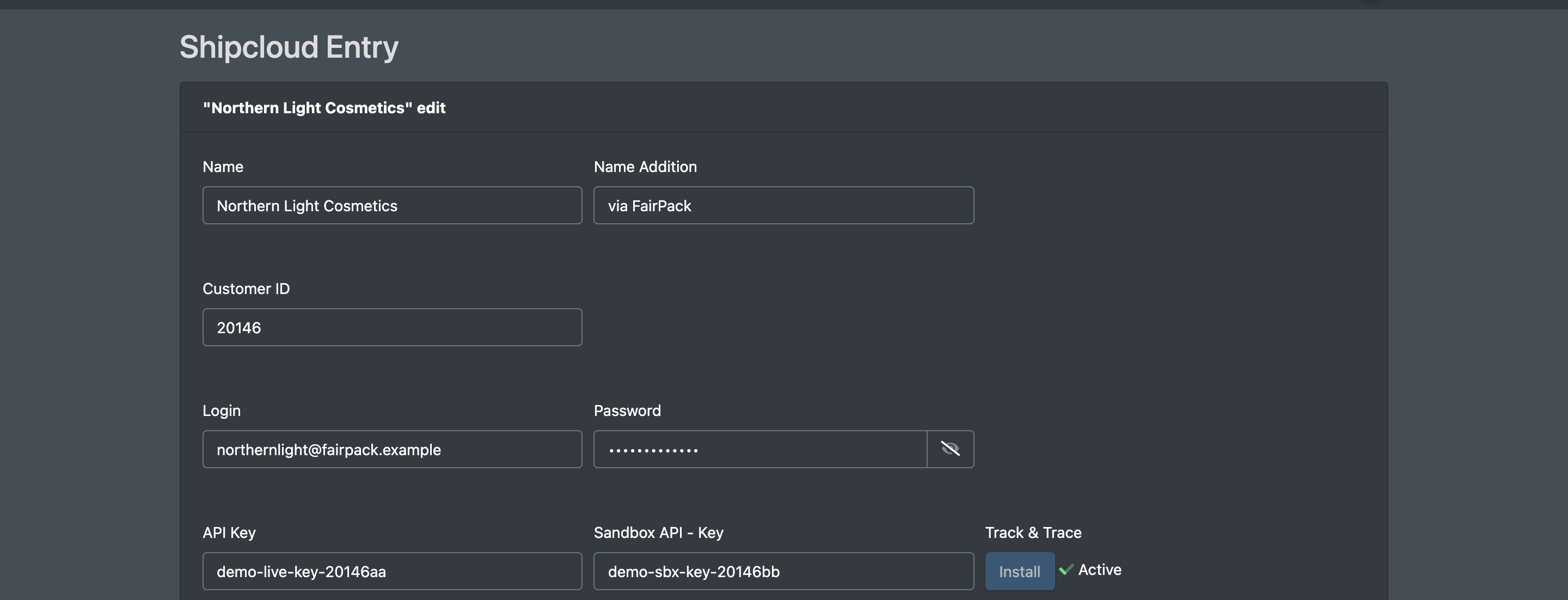 Screenshot: ShipCloud account entry with the "Install" button for the track & trace webhook