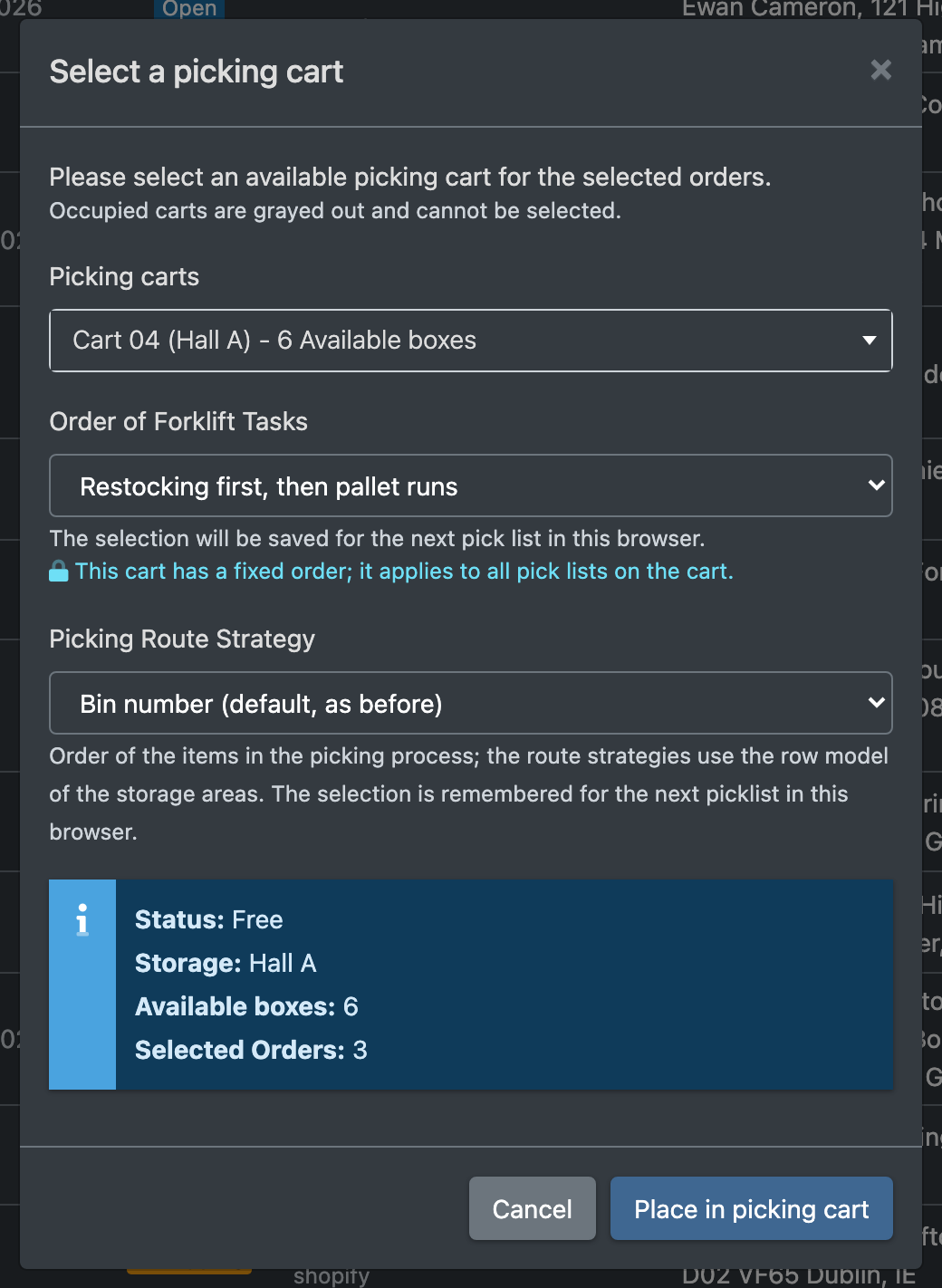 Screenshot: Dialog "Place in picking cart" in the order overview with cart, forklift task order and route strategy