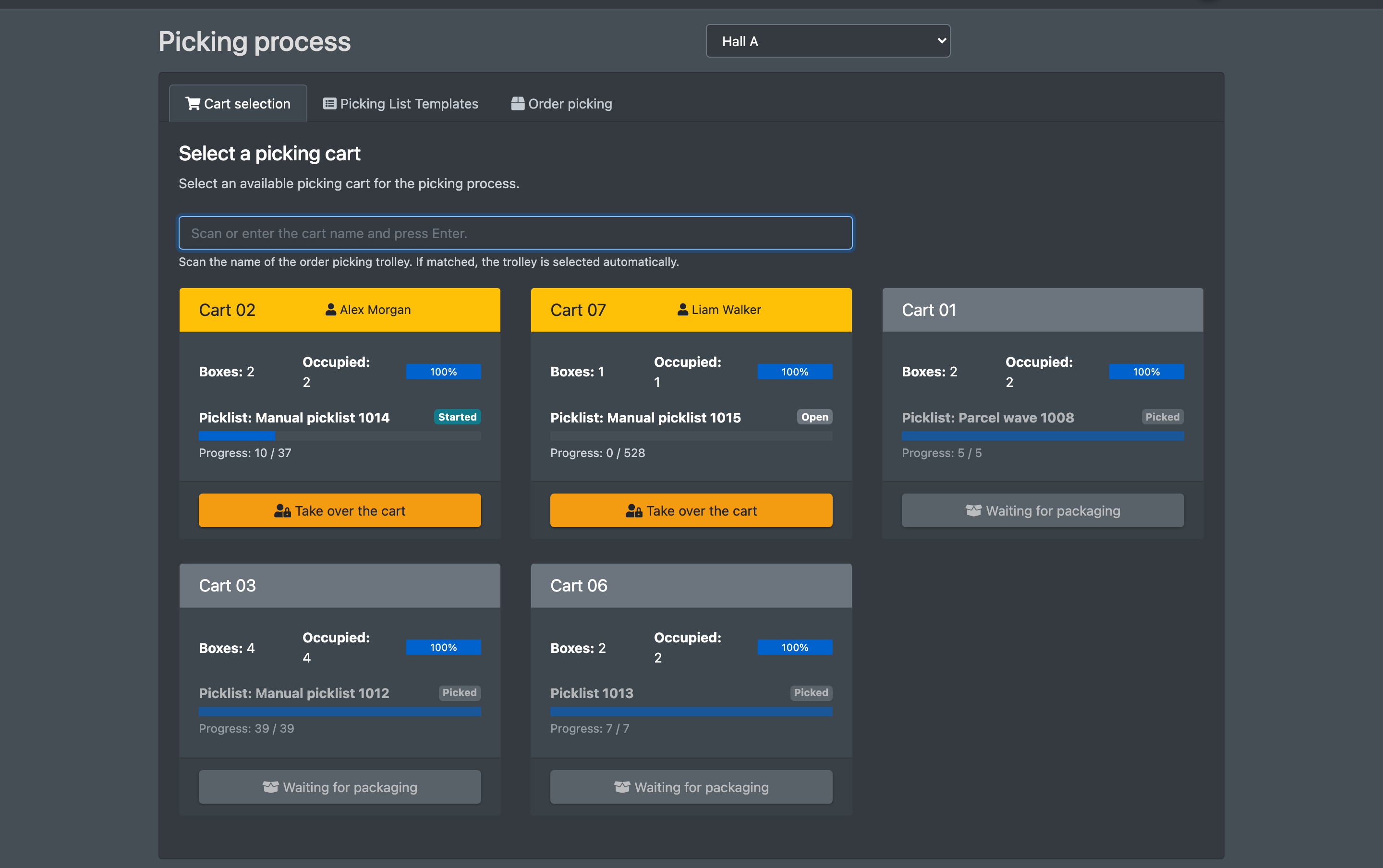 Screenshot: Picking process start page with the cart selection