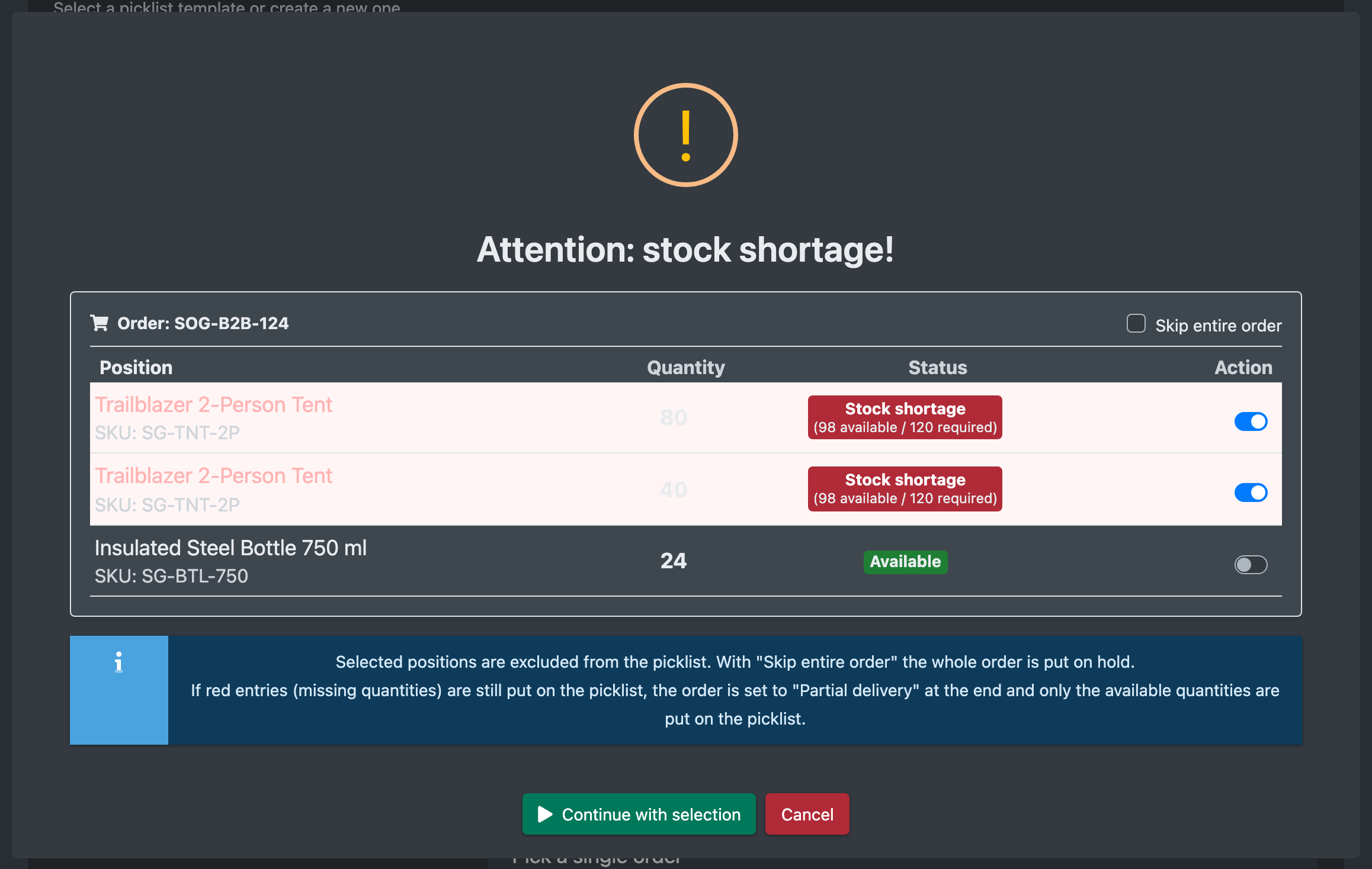 Screenshot: Shortage dialog listing positions with required and available quantity and skip buttons