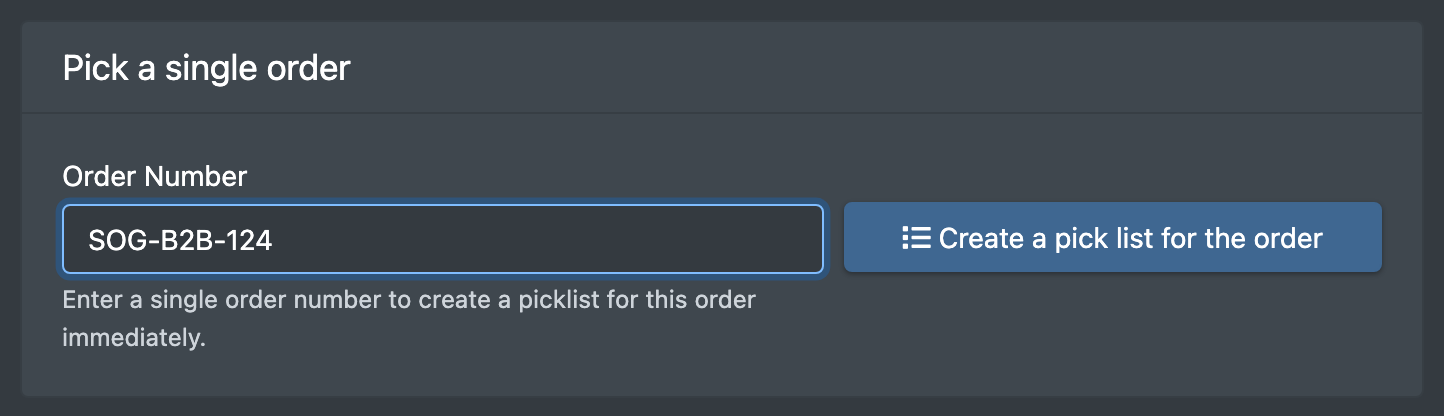 Screenshot: Card "Pick a single order" with an order number entered