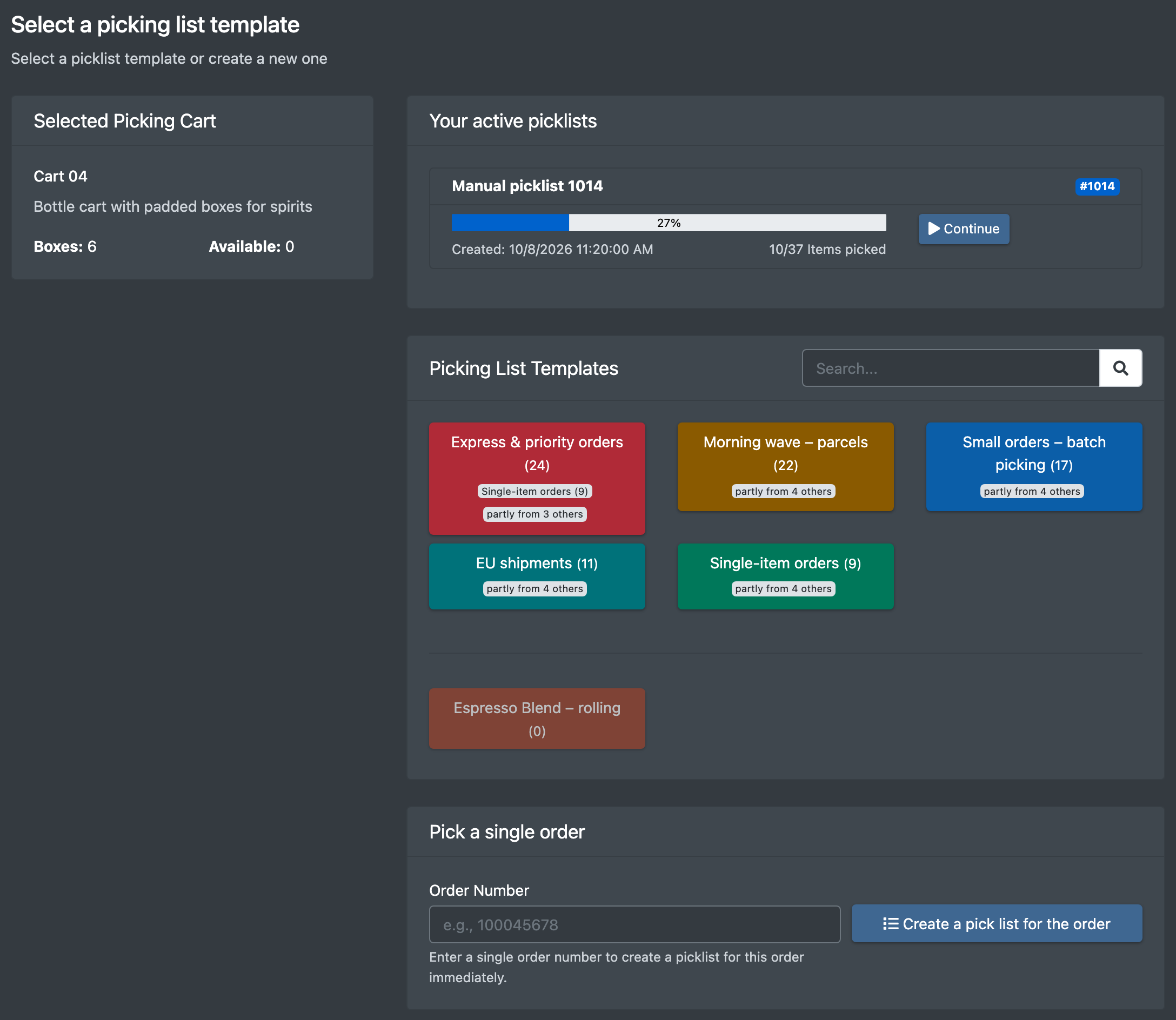 Screenshot: Template step with "Your active picklists" and the template tiles with match counts