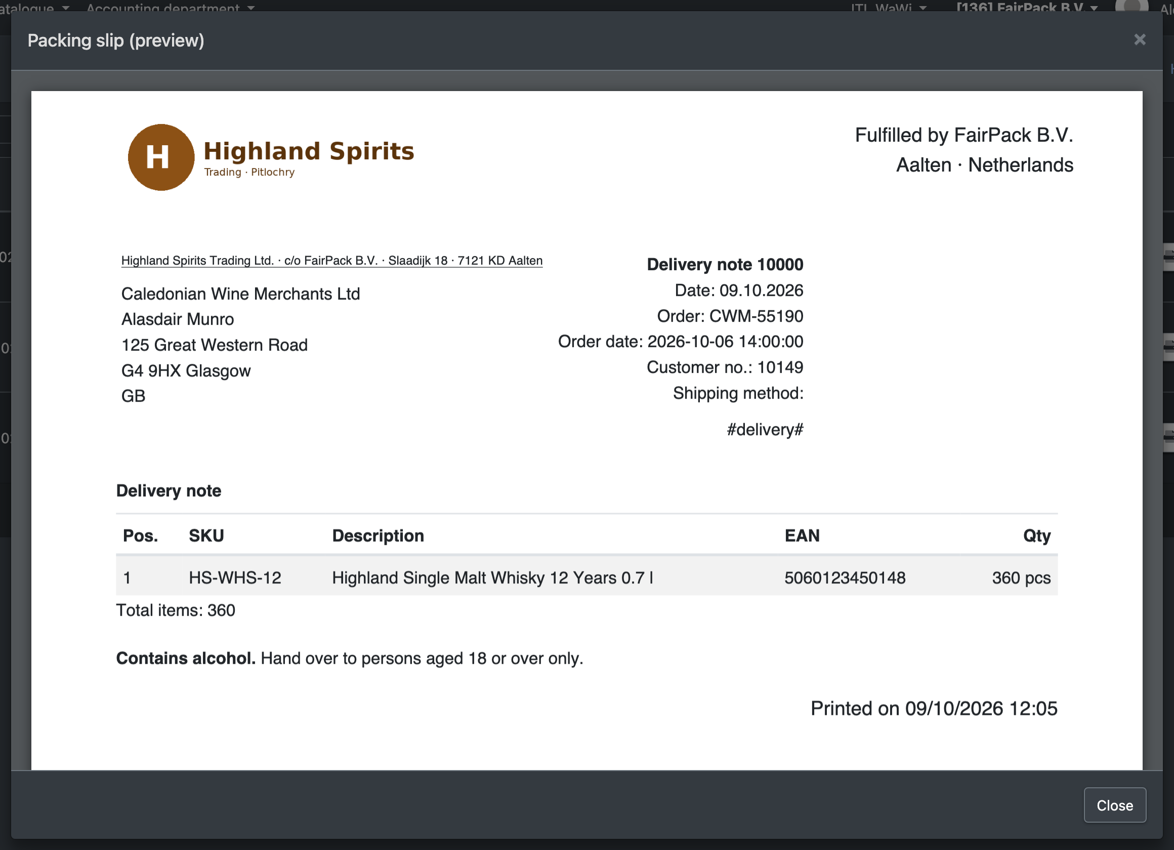 Screenshot: Delivery note preview of a pallet order in the loading screen