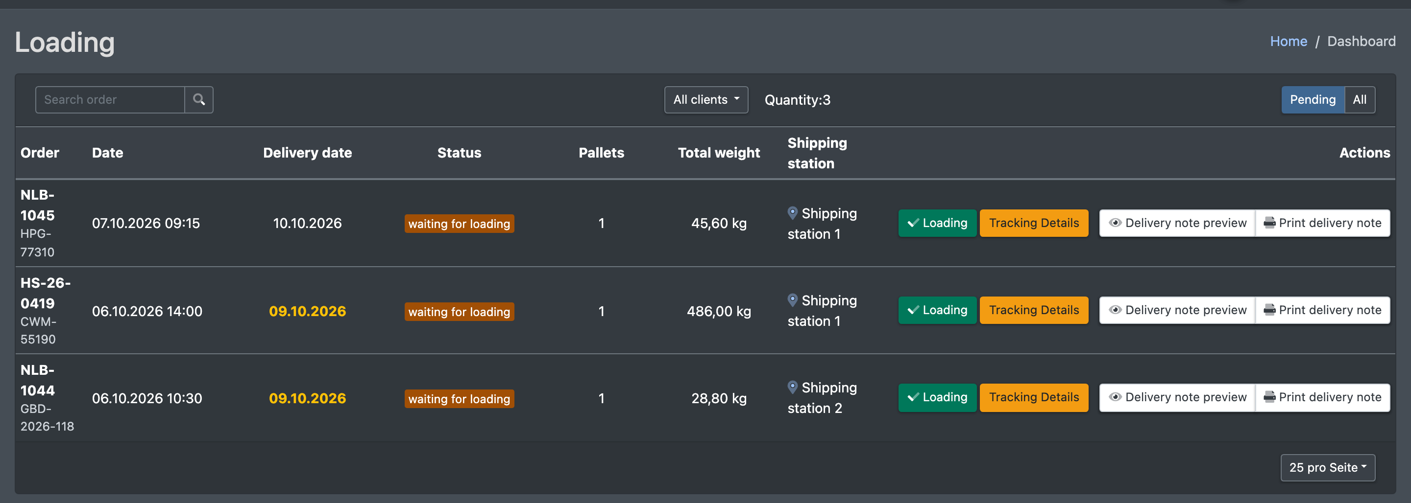 Screenshot: Loading page with the filter "Pending" and the list of orders waiting for loading