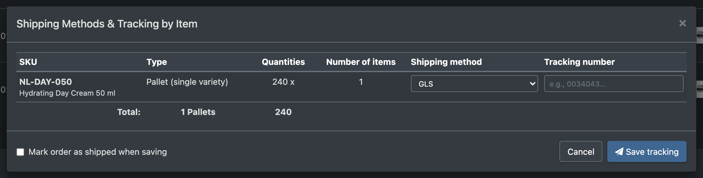 Screenshot: Dialog "Shipping Methods & Tracking by Item" with shipping method, tracking number and the "mark as shipped" checkbox