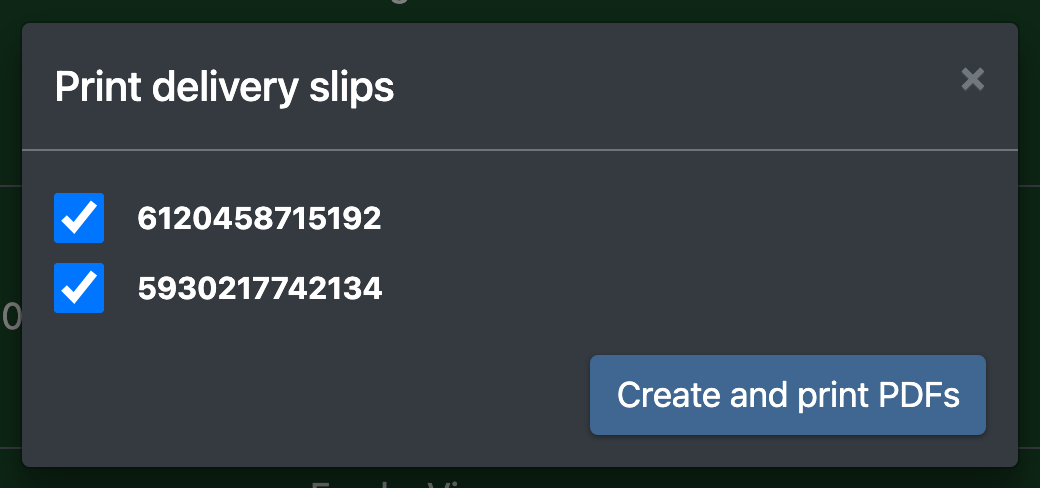 Screenshot: Delivery note dialog with the print options