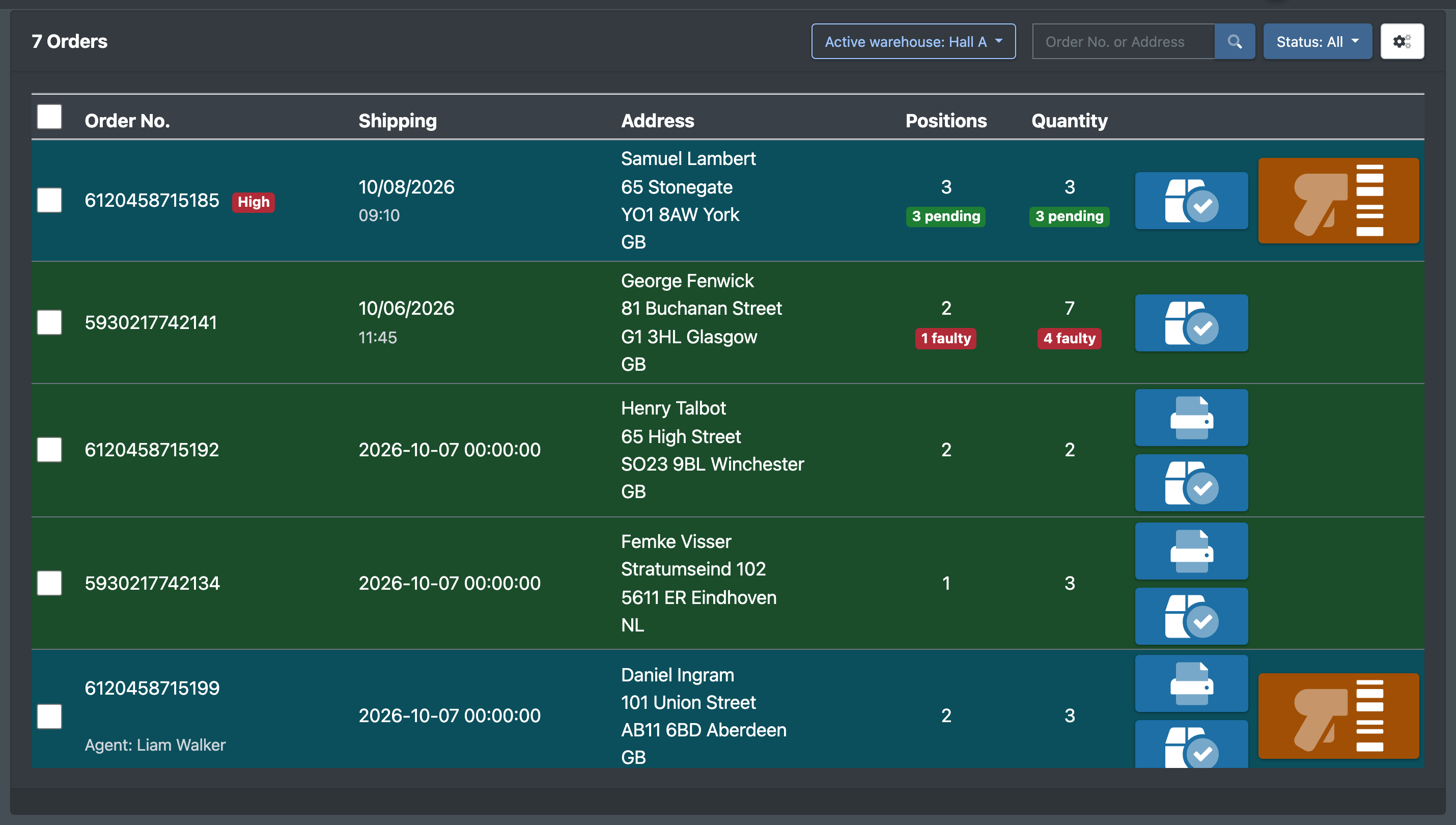 Screenshot: Classic pick lists page with search field, status filter and order list