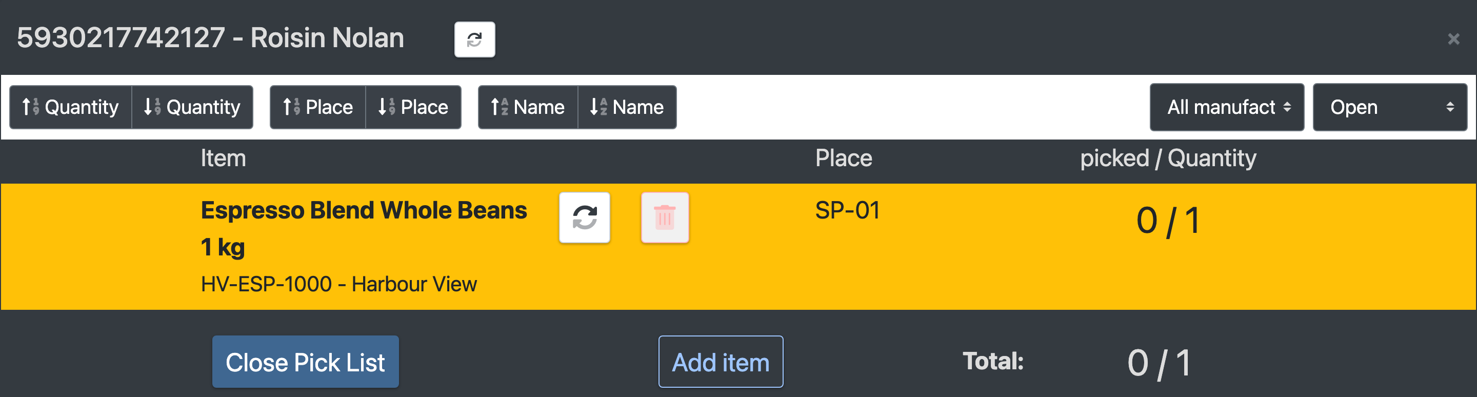 Screenshot: Positions dialog of a classic picklist with scan fields and picked quantity