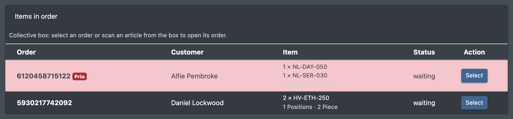 Screenshot: Collective box with the list of orders and the "Select" buttons