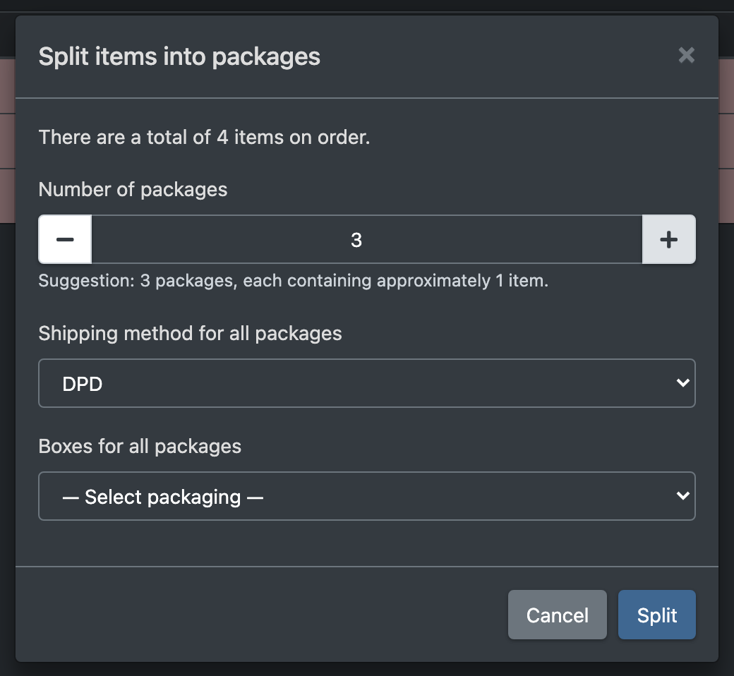 Screenshot: Dialog "Split items into packages" with number of packages, shipping method and carton for all packages